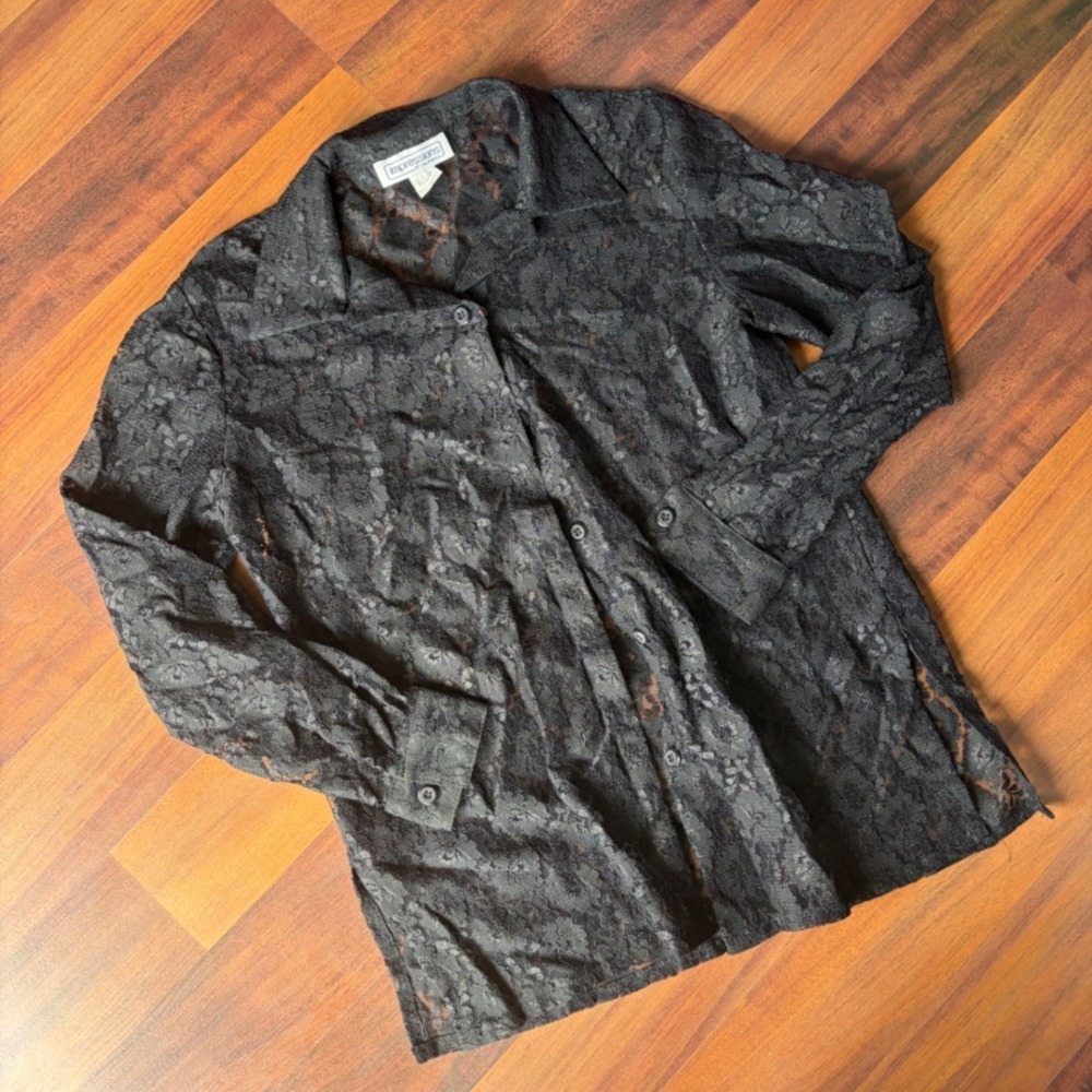 Vintage Whimsigoth boho Black Floral Lace Button Up Shirt Blouse‎ Medium